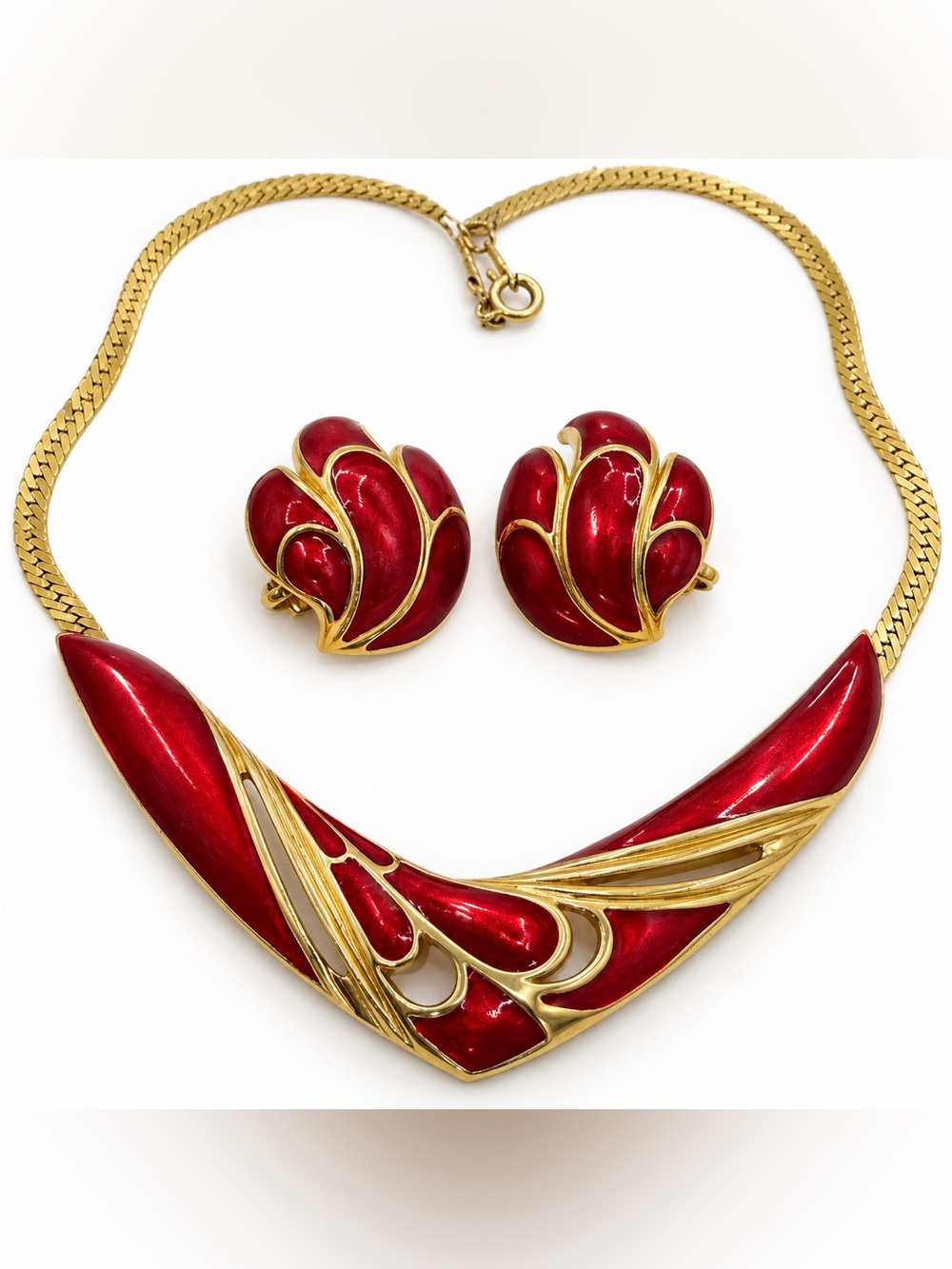 Vintage Trifari Red Enamel Necklace & Clip On Earrings Set Gold Tone